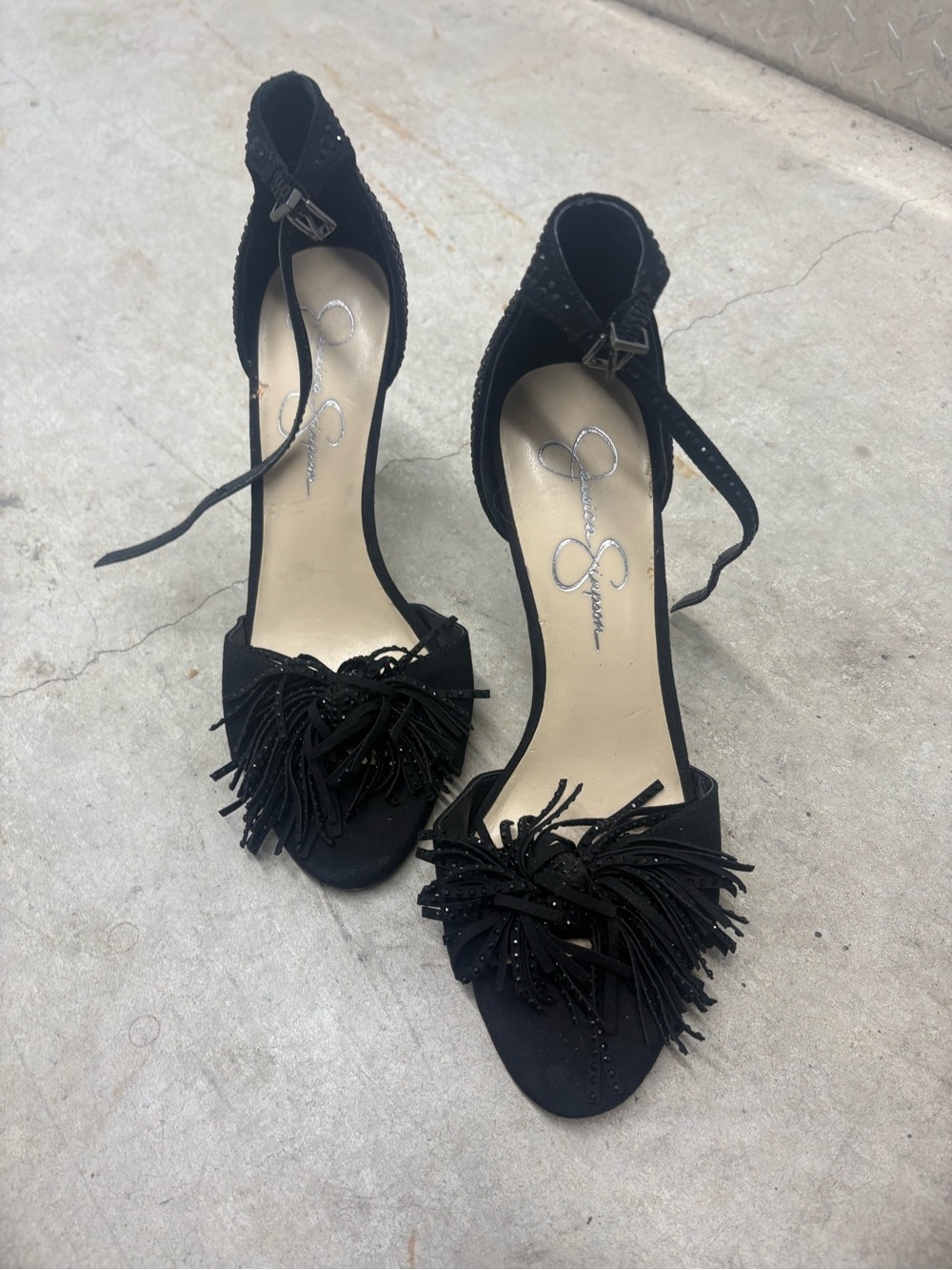 Jessica Simpson Black Rhinestone Fringe Ankle Strap Open Toe Stiletto Heels 10